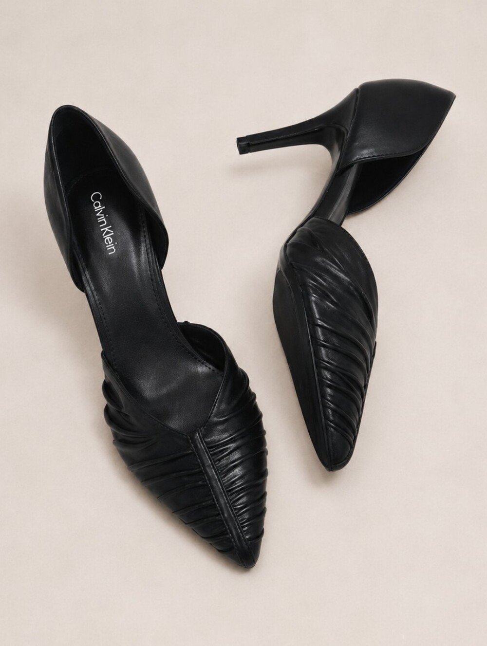 CK Black Ruched Pointed Toe Stiletto Heels Designer Dress Pumps - Picture 5 of 11